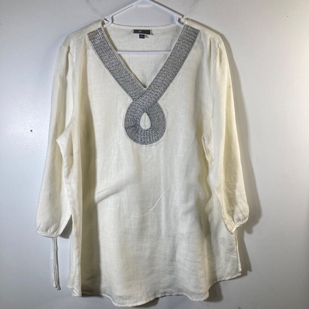 Womens JM Collection V Neck Linen Tunic White Silver Embroidered Beaded XL